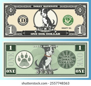 Vector banknote, denomination of 1 dog dollar. Portrait of cute friendly funny doggy skateboarder and canine track. Obverse and reverse of game vintage money. Cuddly cartoon puppy.