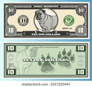 Vector banknote, denomination of 10 dog dollars. Portrait of cute friendly doggy ​​of pug breed and canine tracks. Obverse and reverse of game vintage money. Cuddly doggie. Ten