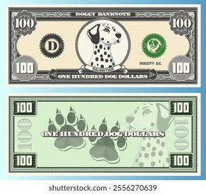 Vector banknote, denomination of 100 dog dollars. Portrait of cute friendly doggy ​​of Dalmatian breed and canine tracks. Obverse and reverse of game vintage money.