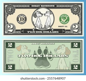 Vector banknote, denomination of 2 dog dollars. Portrait of cute toon friendly funny two doggies and canine tracks. Obverse and reverse of game vintage money. Cuddly cartoon doggy.