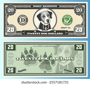 Vector banknote, denomination of 20 dog dollars. Portrait of cute friendly doggy ​​of Beagle breed and canine tracks. Obverse and reverse of game vintage money. Cuddly doggie. Twenty