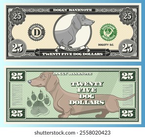 Vector banknote, denomination of 25 dog dollars. Portrait of cute friendly long dachshund and canine track. Obverse and reverse of game vintage money. Cuddly toon doggy. Twenty five