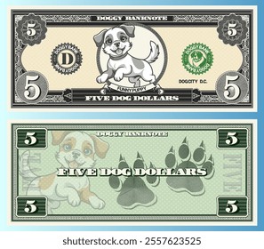 Vector banknote, denomination of 5 dog dollars. Portrait of cute friendly funny jumping puppy and canine tracks. Obverse and reverse of game vintage money. Cuddly doggy. Five