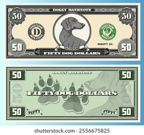 Vector banknote, denomination of 50 dog dollars. Portrait of cute friendly doggy ​​of Dachshund breed and canine tracks. Obverse and reverse of game vintage money. Fifty