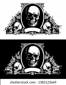 Vector banknote, dollar bill connected with human skulls. Vector skulls logo, isolated on white and black background.