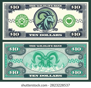 Vector banknote, flyer. 10. Wildlife bank. Ten dollars denomination. Obverse and reverse. Graphic goat head, mountains. Symmetrical note. Play money. Zoo and fauna. Animals