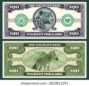 Vector banknote, flyer. 20. Wildlife bank. Twenty dollars denomination. Obverse and reverse. Graphic leopard head, wild zebra. Symmetrical note. Play money. Zoo and fauna. Animals and mountain