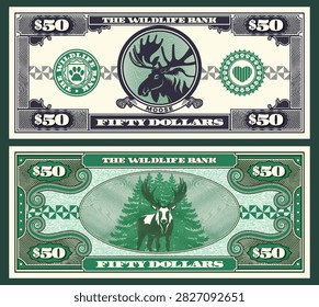 Vector banknote, flyer. 50. Wildlife bank. Fifty dollars denomination. Obverse and reverse. Graphic moose head, wild deer, elk. Symmetrical note. Play money. Zoo and fauna. Animals and trees fir