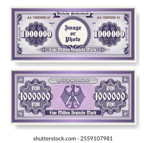 Vector banknote. In German, one million German marks and Bundesbank. Symmetrical note, obverse and reverse. Play vintage money with guilloche grid and empty round. Berlin finance certificate 1000000