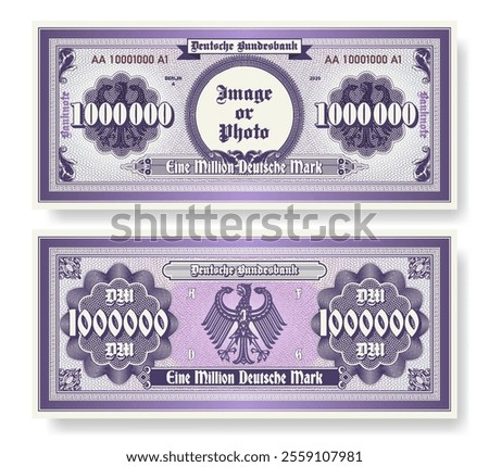 Vector banknote. In German, one million German marks and Bundesbank. Symmetrical note, obverse and reverse. Play vintage money with guilloche grid and empty round. Berlin finance certificate 1000000