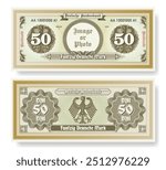 Vector banknote. In German it is written, fifty German marks and Bundesbank. Symmetrical note, obverse and reverse. Play vintage money with guilloche grid. Berlin finance certificate 50.