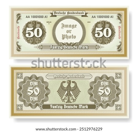 Vector banknote. In German it is written, fifty German marks and Bundesbank. Symmetrical note, obverse and reverse. Play vintage money with guilloche grid. Berlin finance certificate 50.