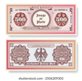 Vector banknote. In German it is written, five hundred German marks and Bundesbank. Symmetrical note, obverse and reverse. Play vintage money with guilloche grid. Berlin finance certificate 500.