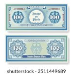 Vector banknote. In German it is written, one hundred German marks and Bundesbank. Symmetrical note, obverse and reverse. Play vintage money with guilloche grid. Berlin finance certificate 100.