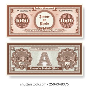 Vector banknote. In German it is written, one thousand German marks and Bundesbank. Symmetrical note, obverse and reverse. Play vintage money with guilloche grid. Berlin finance certificate 1000.