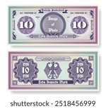 Vector banknote. In German it is written, ten German marks and Bundesbank. Symmetrical note, obverse and reverse. Play vintage money with guilloche grid. Berlin finance certificate 10.