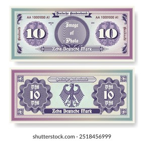 Vector banknote. In German it is written, ten German marks and Bundesbank. Symmetrical note, obverse and reverse. Play vintage money with guilloche grid. Berlin finance certificate 10.