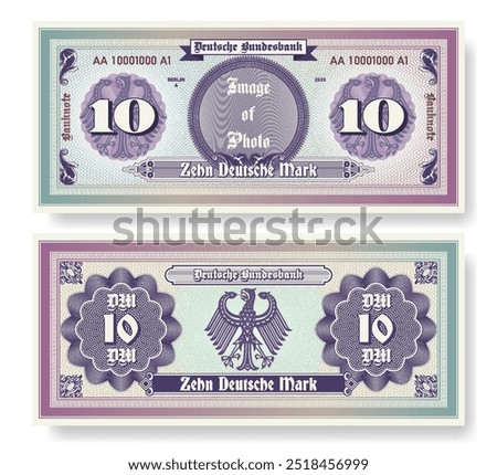 Vector banknote. In German it is written, ten German marks and Bundesbank. Symmetrical note, obverse and reverse. Play vintage money with guilloche grid. Berlin finance certificate 10.