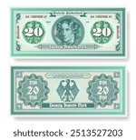 Vector banknote. In German it is written, twenty German marks and Bundesbank. Symmetrical note, obverse and reverse. Play vintage money with guilloche grid. Berlin finance certificate 20.