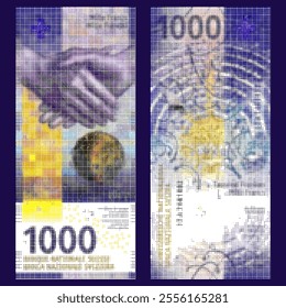 Vector banknote, halftone effect. Textured note made of colored dots. Obverse and reverse of Swiss paper money, 1000 francs 2017. Switzerland. Cash, pixel mosaic.