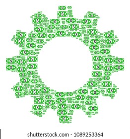 Vector banknote icons are united into cog combination. Service design concept constructed of banknote items.