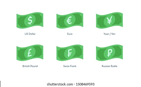 Vector banknote money flat icon illustration. Set of flying world currency as dollar, euro, pound, frank, yuan and yen isolated on white. Design element for banner, poster, banking, payment, website.