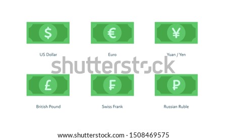 Vector banknote money flat icon illustration. Set of world currency as dollar, euro, pound, frank, yuan and yen isolated on white. Design element for banner, poster, banking, payment, website, web.