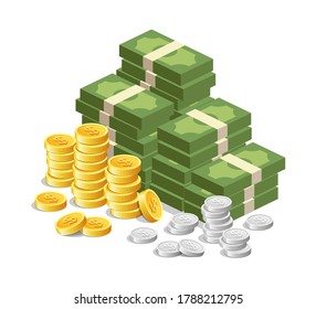 Vektorbanknotengeld, Goldmünzen und Silbermünzen-Design einzeln auf weißem Hintergrund, Vektorgrafik