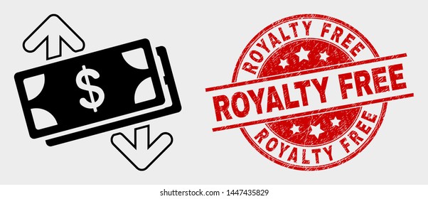 Vector banknotes exchange arrows pictogram and Royalty Free seal stamp. Red rounded grunge seal stamp with Royalty Free caption. Vector combination for banknotes exchange arrows in flat style.