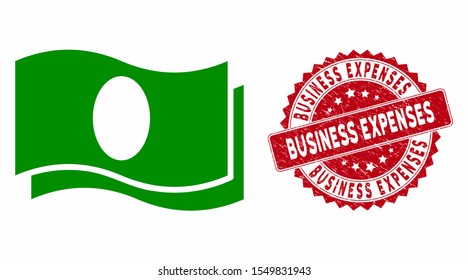Vector banknotes icon and distressed round stamp seal with Business Expenses text. Flat banknotes icon is isolated on a white background.