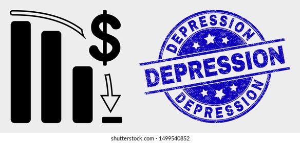 Vector bankruptcy bar chart icon and Depression seal stamp. Red rounded distress seal with Depression text. Vector composition in flat style. Black isolated bankruptcy bar chart icon.
