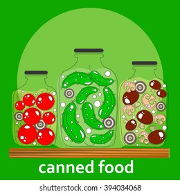 vector banks with canned mushrooms, tomatoes and cucumbers in brine, which are on the shelf