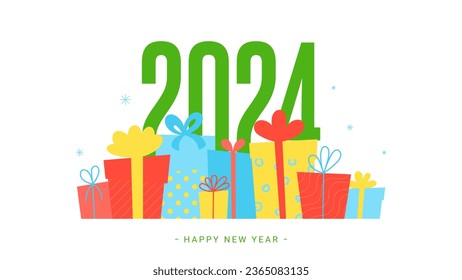 Vector banner for 2024 New Year. Trendy illustration with set of gift boxes and number 2024. Happy New Year symbol with presents. Vector illustration for promotion, social media and holiday events.