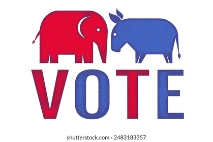 Vector banner for 2024 presidential election in USA. Vector poster with typography for election of president with elephant and donkey. Vote 2024.