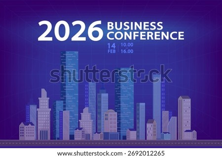 A vector banner for a 2026 business conference featuring a blue city skyline. This professional template is perfect for a corporate website, real estate event, or a finance presentation.