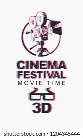 Vector banner for 3D cinema festival with blurred image of old-fashioned movie projector and 3D glasses. Movie time. Can be used for flyer, banner, poster, web page, background