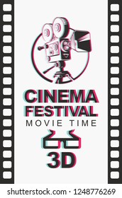 Vektorbanner für 3D-Kinofestival mit unscharfem Bild von altmodischem Filmprojektor und 3D-Brille auf dem Hintergrund eines Filmstreifens. Filmzeit. Kann für Flyer, Banner, Poster, Webseiten verwendet werden