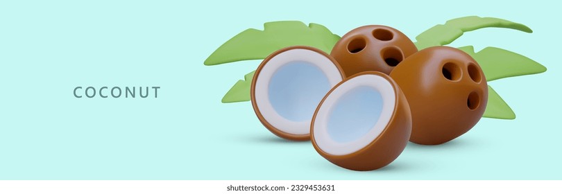 Vector banner with 3D coconut. Whole nuts and halves with white core. Natural product for cooking, cosmetology. Horizontal template on colored background with text