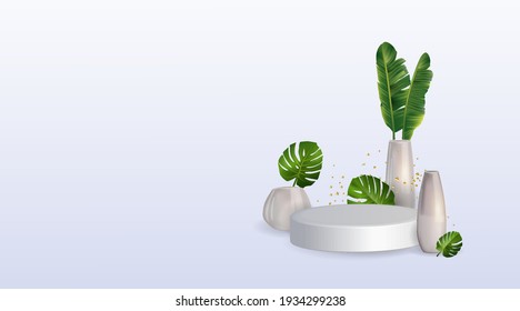 Vector banner with 3d leaves, a catwalk for your product.Tropical leaves in a vase. Design for cosmetics, spa, beauty salon, travel agency, flower shop. Horizontal composition with space for text