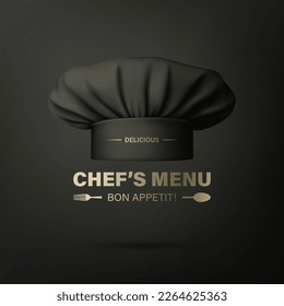 Vector Banner with 3d Realistic Black Chef Hat, Toque on Black Background. Cook, Baker Chef Cap Design Template. Bakery, Restaurant, Kitchen Uniform. Cotton Hat, Professional Clothes