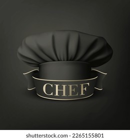 Vector Banner with 3d Realistic Black Chef Hat, Toque on Black Background. Cook, Baker Chef Cap Design Template. Bakery, Restaurant, Kitchen Uniform. Cotton Hat, Professional Clothes