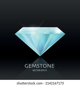 Vector Banner with 3d Realistic Blue Transparent Gemstone, Diamond, Crystal, Rhinestones Closeup on Black. Jewerly Concept. Design Template, Clipart. Side View