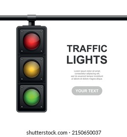 Vector Banner with 3d Realistic Detailed Road Traffic Lights IconIsolated. Safety Rules Concept, Design Templete. Stoplight, Traffic Lights Template