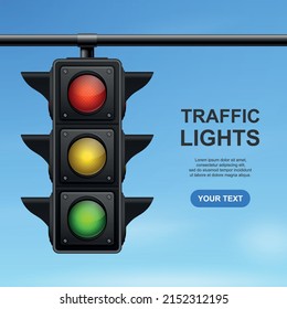 Vector Banner with 3d Realistic Detailed Road Traffic Lights on Blue Sky Background. Safety Rules Concept, Design Templete. Stoplight, Traffic Lights Template