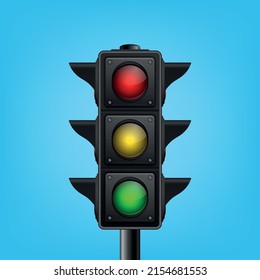 Pancarta vectorial con 3d luces de tráfico detalladas realistas sobre fondo azul. Concepto de reglas de seguridad, plantilla de diseño. Plantilla de paro, luces de tráfico