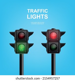 Vector Banner with 3d Realistic Detailed Road Pedestrian Traffic Lights on Blue Background. Safety Rules Concept, Design Templete. Stoplight, Traffic Lights Template