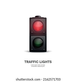 Pancarta vectorial con 3d Luces de Tráfico Realistas Detalladas Aisladas en Fondo Blanco. Concepto de reglas de seguridad, plantilla de diseño. Plantilla de paro, luces de tráfico