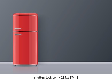 Vektorbanner mit 3D-Realistischem Glossy Red Retro Vintage Kühlschrank einzeln. Vertikaler einfacher Kühlschrank. Geschlossener Kühlschrank. Design Template, Mock up of Fridge. Vorderansicht