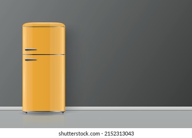 Vektorbanner mit 3D-Realistischem Glossy Yellow Retro Vintage Kühlschrank einzeln. Vertikaler einfacher Kühlschrank. Geschlossener Kühlschrank. Design Template, Mock up of Fridge. Vorderansicht