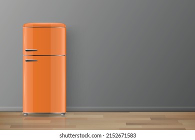 Vektorbanner mit 3D Realistischem Glossy Orange Retro Vintage Kühlschrank einzeln. Vertikaler einfacher Kühlschrank. Geschlossener Kühlschrank. Design Template, Mock up of Fridge. Vorderansicht